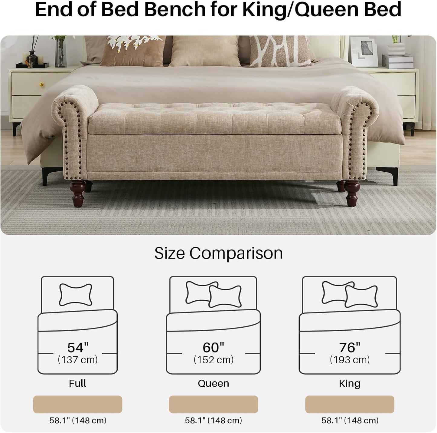 58.1'' Storage Bench Upholstered Chenille End of Bedroom Bed Bench Ottoman with Tufted Cushioned Rolled Arm Large Storage Space for Reading Living Room Entryway, Light Brown