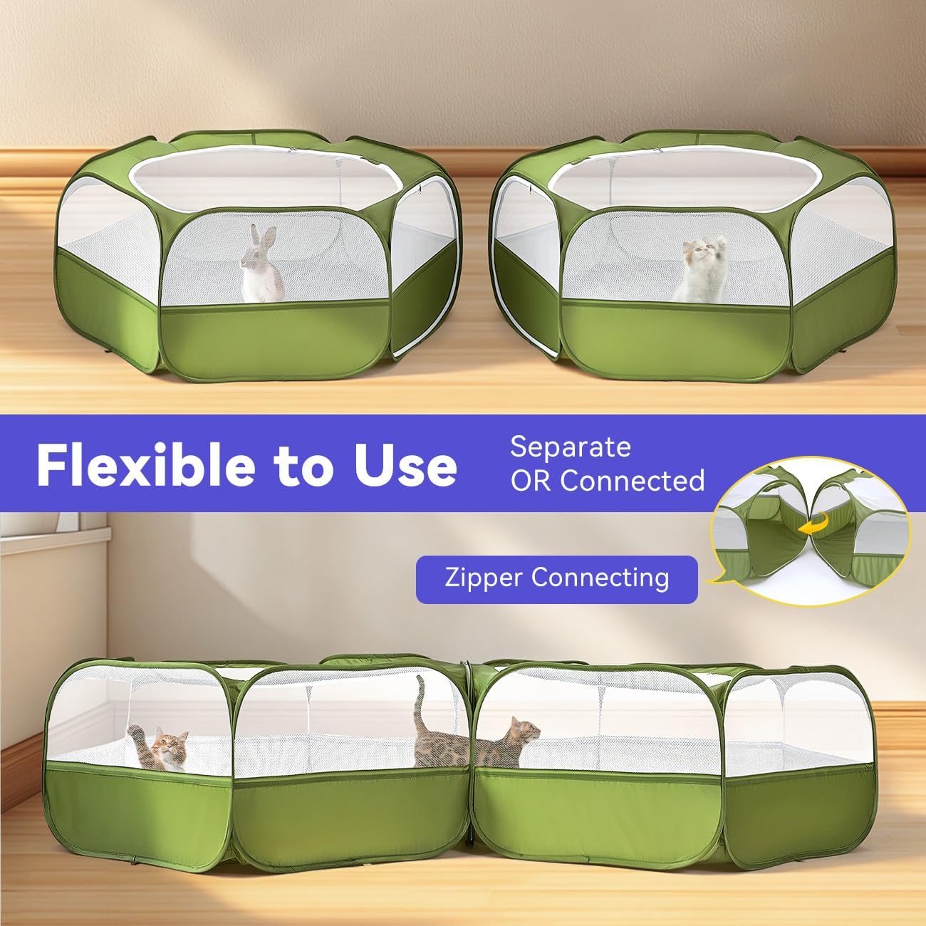 Pawaboo Extra Large 2-in-1 Small Animals Playpen, 2 Detachable Pet Cage Tent with Zipper Splicing, Portable Outdoor Yard Fence with 3 Metal Rod for Chick/Kitten/Puppy/Guinea Pig/Rabbits/Chinchillas