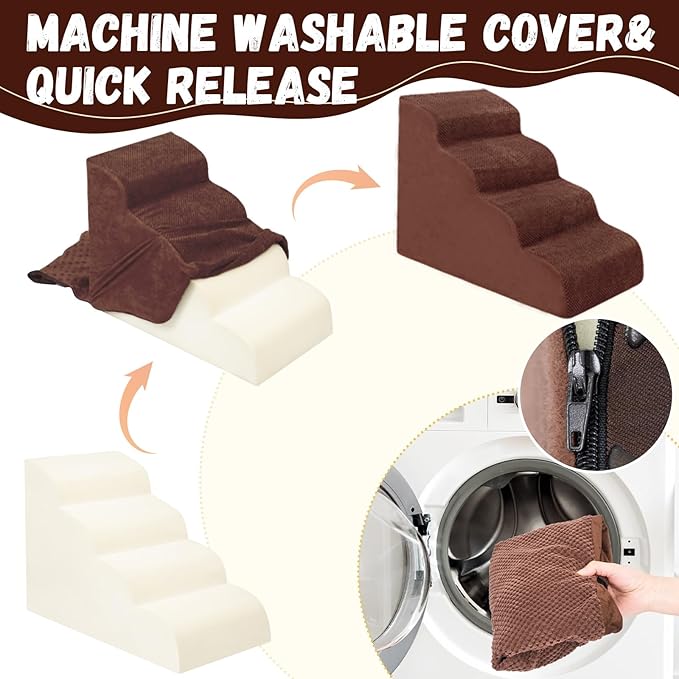 Dog Stairs for Small Dogs - High Density Foam Pet Steps, Extra Wide Dog Ramp with Non-Slip Bottom for High Beds, Couch and Sofa, Best for Dogs Injured, Older Doggy Cats,4 Steps, Brown