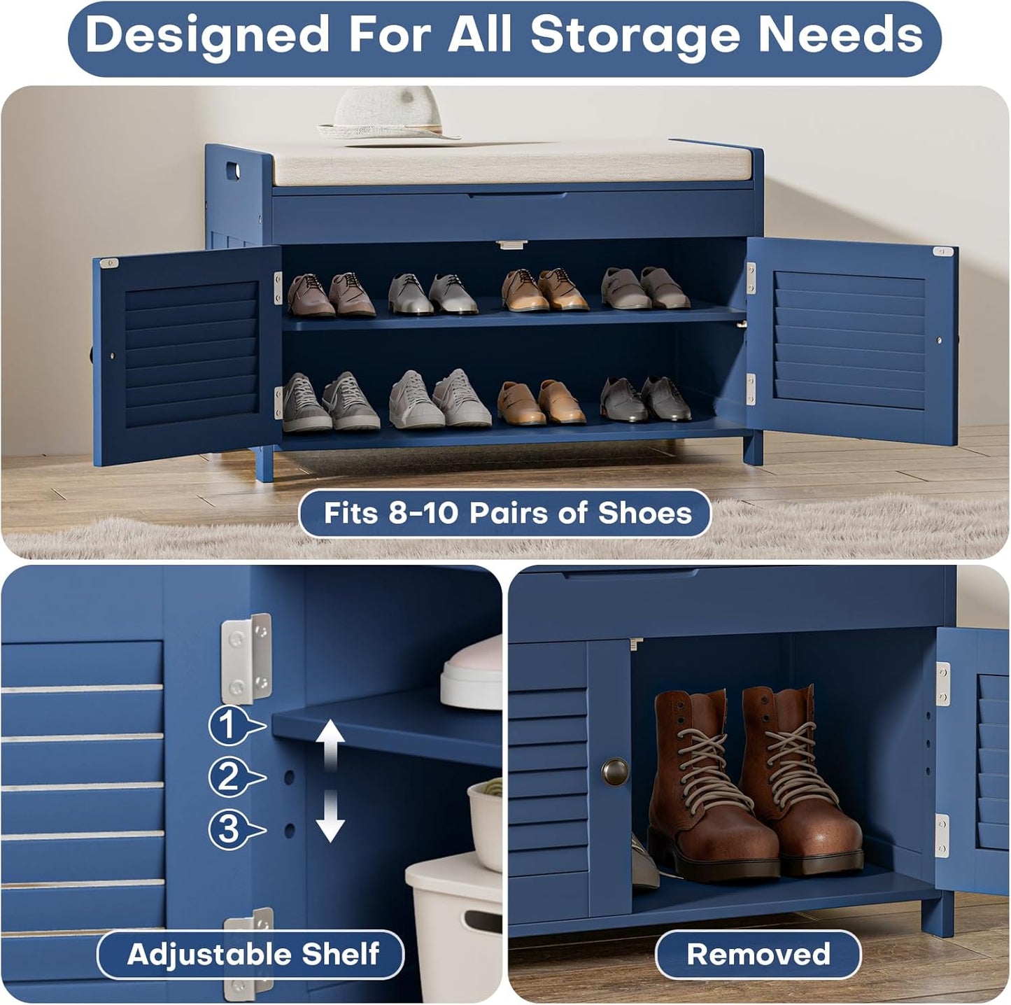 Shoe Storage Bench with Lift Top Storage, Entryway Bench with Cushioned Seat, Adjustable Shelf, 2 Tier Shoe Rack with Doors for Entryway, Bedroom, Hallway, Mudroom, Blue