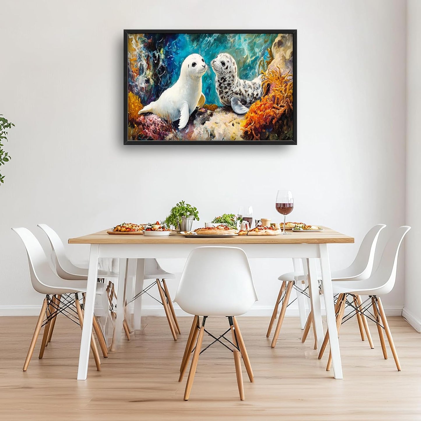 Extra Large Seal Framed Wall Art for Living Room,Oversized Underwater Animal Pictures Wall Decor,Ocean Coral Reef Canvas Print Painting Modern Artwork Bedroom Office Bathroom 36L" x 24W"