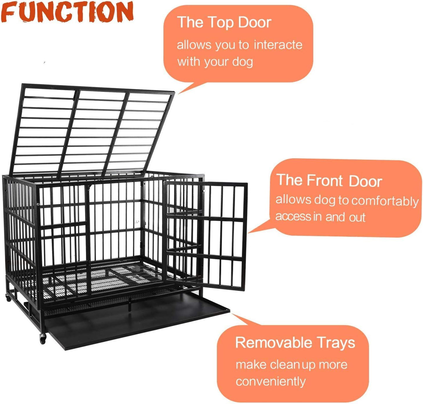 LEMBERI 42 inch Heavy Duty Indestructible Dog Crate, Escape Proof Dog Cage Kennel with Lockable Wheels,High Anxiety Double Door Dog Crate,Extra Large Crate Indoor for Large Dog with Removable Tray