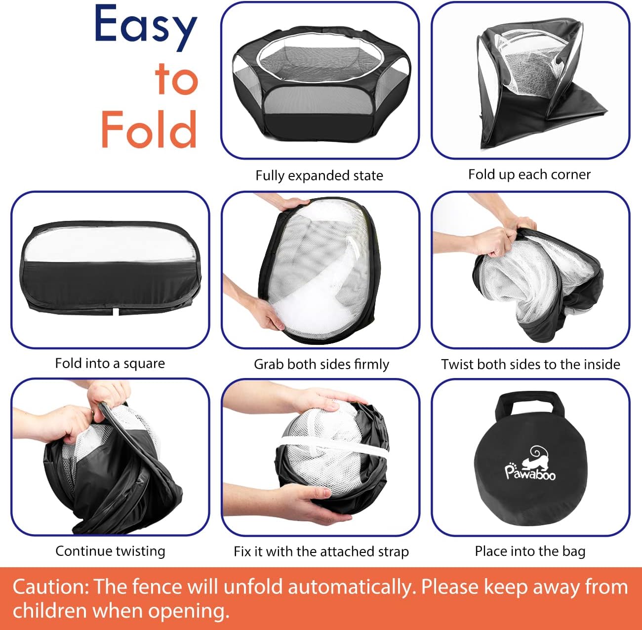 Pawaboo Small Animals Playpen, Waterproof Small Pet Cage Tent with Zippered Cover, Portable Outdoor Yard Fence with 3 Metal Rod for Kitten/Puppy/Guinea Pig/Rabbits/Hamster/Chinchillas, Black