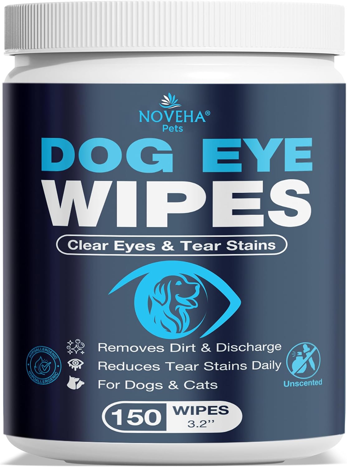 NOVEHA 150PCs Cat & Dog Eye Wipes Tear Stain Remover for Discharge and Crust | White Pet Face Wipes | Easy Daily Pets Gentle Eye Cleaner for Whitening & Cleansing Without Irritation | Round Wipes
