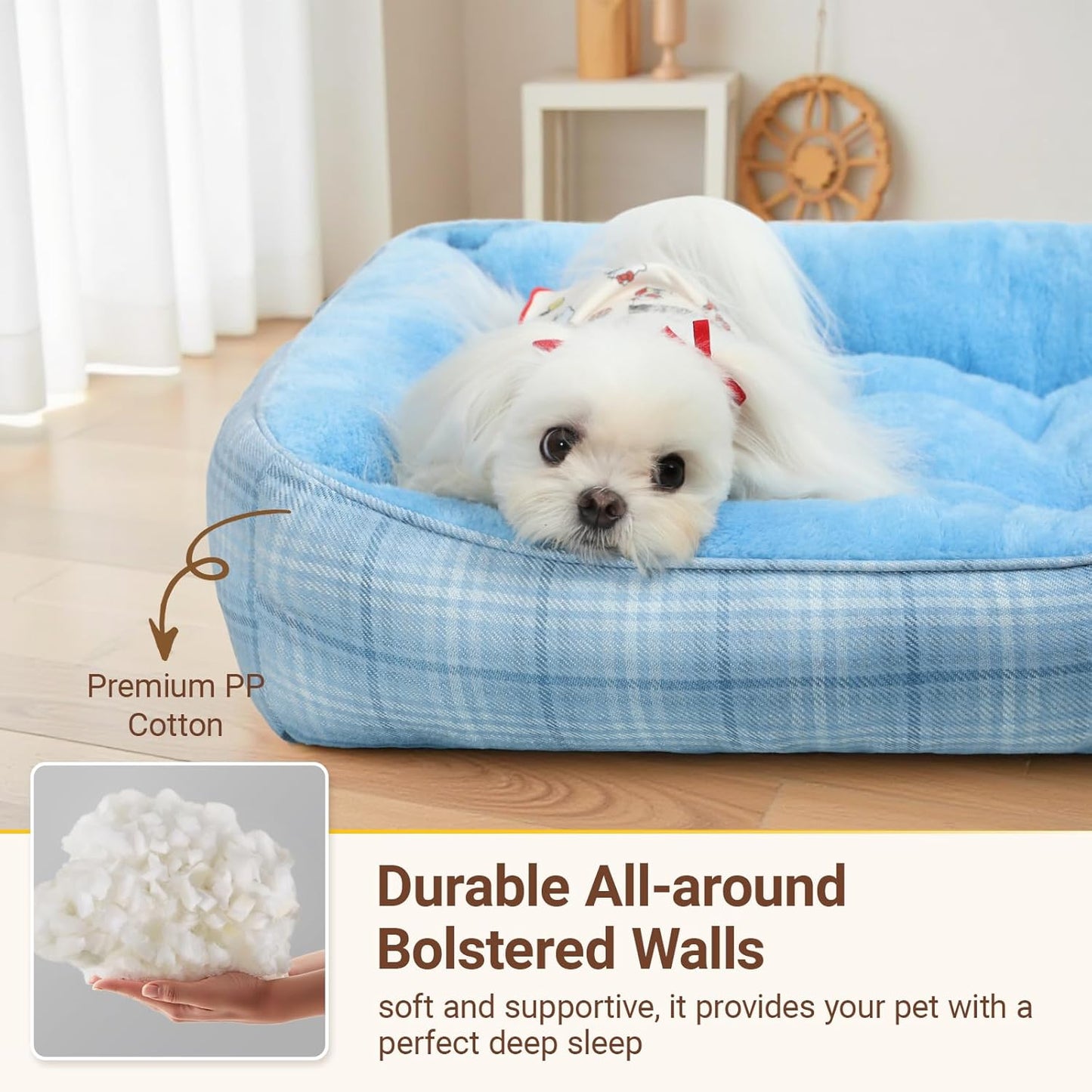 MIHIKK Rectangle Dog Beds for Small Medium Dogs & Cats, Orthopedic Sleeping Pet Bed for Couch with Durable Puppy Cuddler and Anti-Slip Bottom Machine Washable 25 * 21 Inch (Blue)