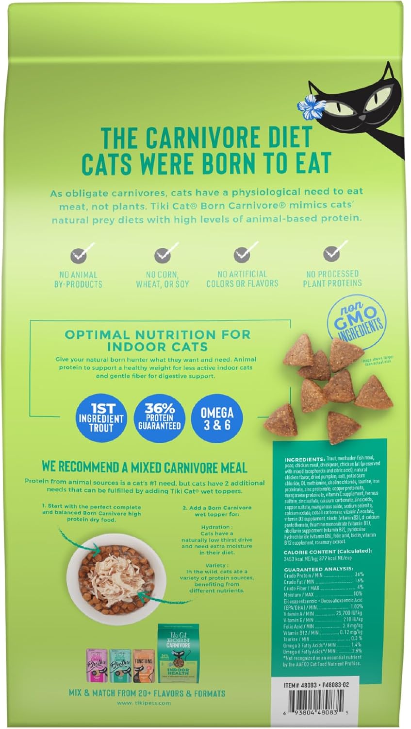 Tiki Cat Born Carnivore Indoor Health, Trout & Menhaden Fish Meal, Grain-Free Baked Kibble to Maximize Nutrients, Dry Cat Food, 6 Lbs. Bag