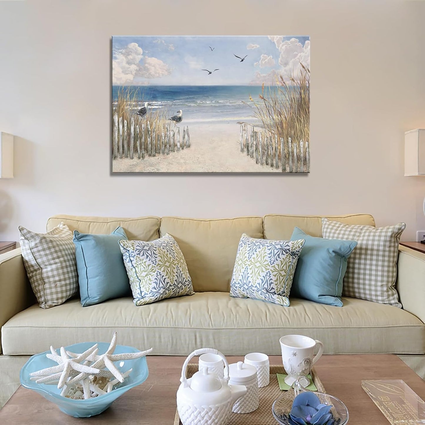 XXMWallArt FC3781 Sandy Beach Wall Art Canvas Print Wall Art Seascape Blue Print Home Decor Abstract Coastal Picture Modern Ocean Artwork for Living Room Bedroom Bathroom Office Decor