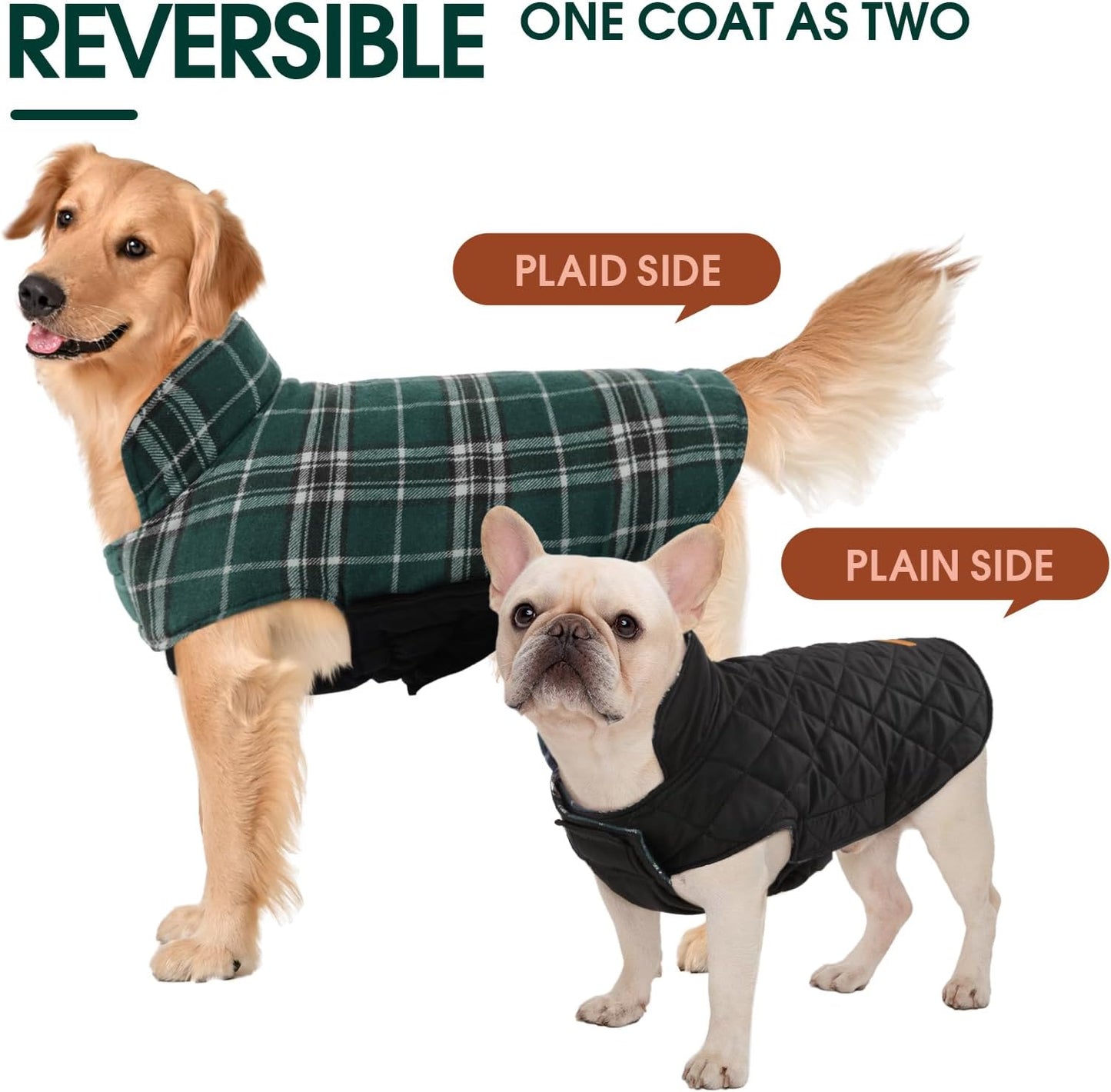 Kuoser Warm Dog Coat, Waterproof Dog Jacket for Extra Large Dogs, Adjustable Durable XL Doggie Winter Coat Reversible Cozy Puppy Cold Weather Apparel from Small to Large Breed, Green XL