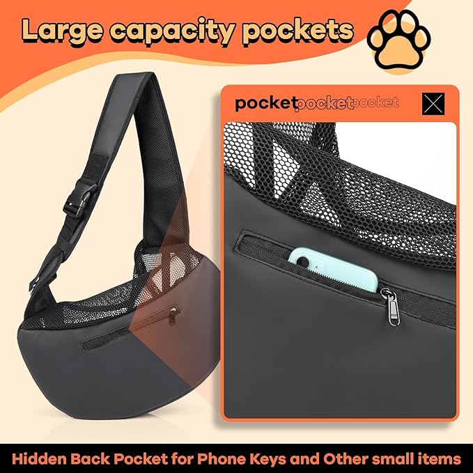YUDODO Pet Sling Carrier for Small Dogs & Cats – Hands-Free Puppy Carrier with Safety Hook, Large Zipper Pocket, Soft Breathable Mesh, Adjustable Strap & Reflective Strip (Black 3.0 S)