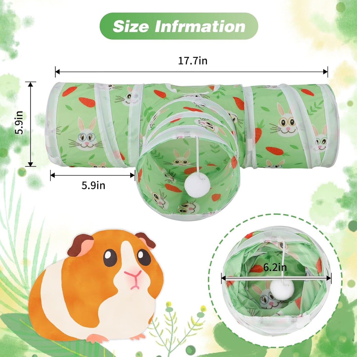 Rypet Guinea Pig Tunnel 3 Way Collapsible Small Pet Tunnels and Tubes with Interactive Ball for Baby Rabbit Ferret Hamster Chinchilla Hedgehog Hiding and Resting-Green