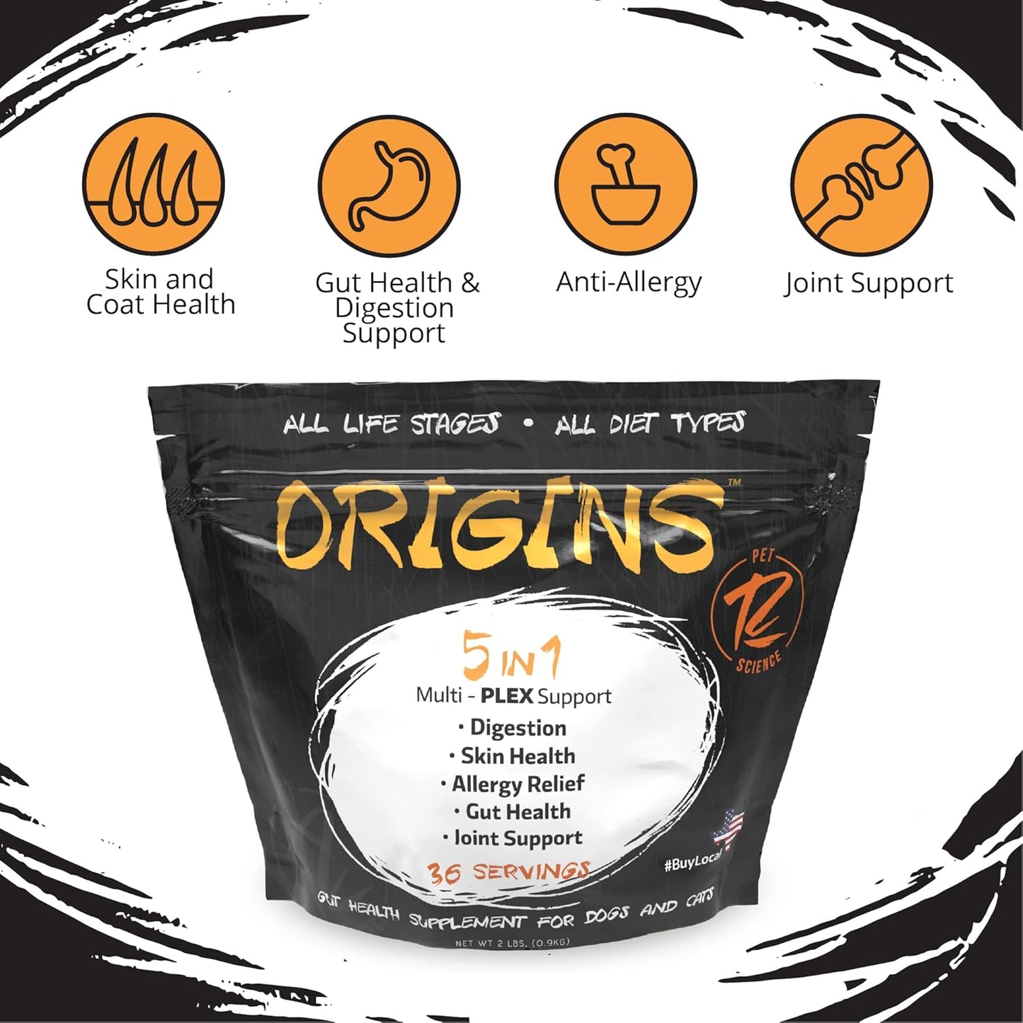 Origins 5-in-1 Dog Supplement - Powdered Food Topper w/Natural Omega 3 Fish Oil - Supports Healthy Digestion, Skin, and Coat - Helps Reduce Itching & Joint Inflammation (2 lbs)