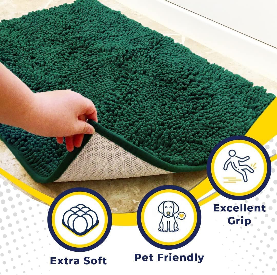 Muddy Mat® AS-SEEN-ON-TV Highly Absorbent Microfiber Door Mat and Pet Rug, Non Slip Thick Washable Area and Bath Mat Soft Chenille for Kitchen Bedroom Indoor and Outdoor - Dark Green 36" x 120"