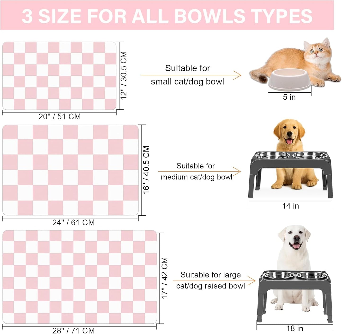 Cat Food Mat - 12"x 20" Cat Dog Mats for Food and Water Bowl, Checkered Pet Placemat Feeding Mat, Non-Slip Under Pet Bowls Mats for Messy Drinkers, Pink & White
