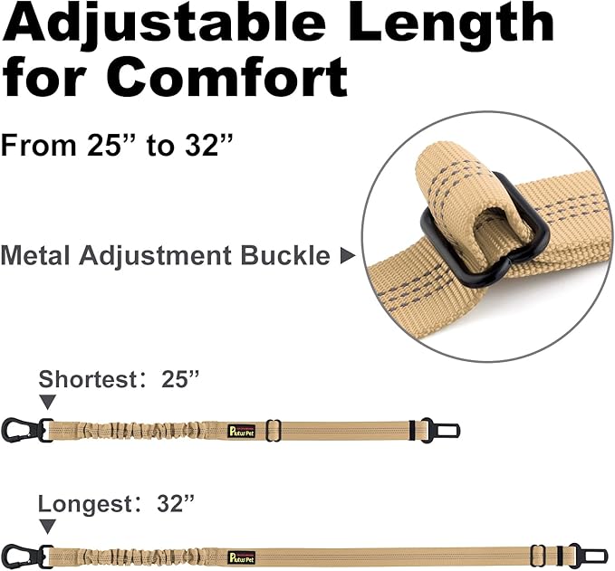 Plutus Pet Dog Seat Belt for Car, Adjustable Dog Car Harness with Carabiner Clip, Reflective Safety Dog Seatbelt Leash with Elastic Bungee, Beige