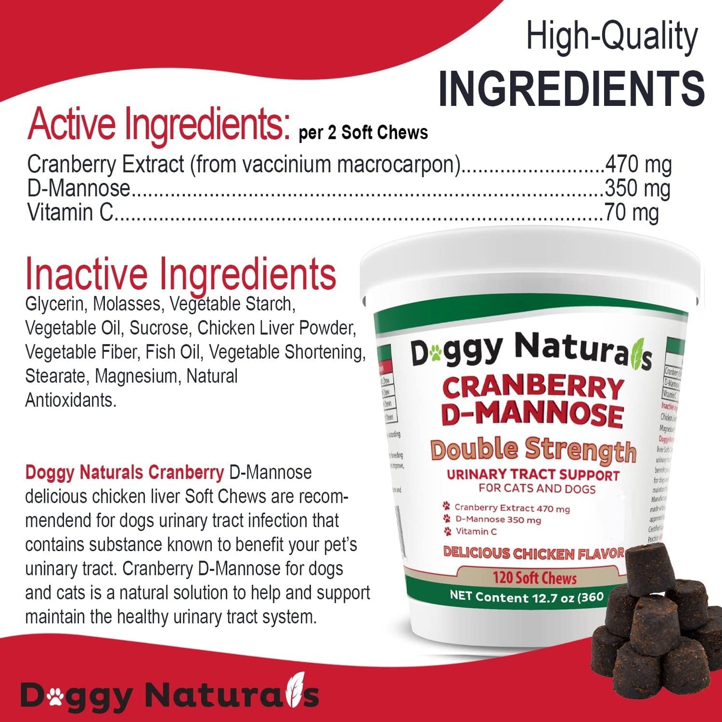 Cranberry D-Mannose for Dogs and Cats Urinary Tract Infection Support Prevents and Eliminates UTI, Bladder Infection Kidney Support 11.4 oz (Double Strength Soft Chew, 120 Soft Chew)