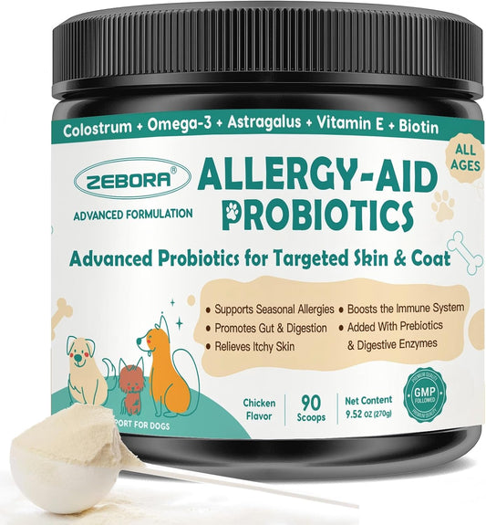 ZEBORA Probiotics for Dogs, with Colostrum, Omega-3, Dog Allergy Relief & Itching Skin Relief, Support Itchy Ears, Seasonal Allergies, Digestive, Immune Health, 90 Scoops, Chicken Flavor
