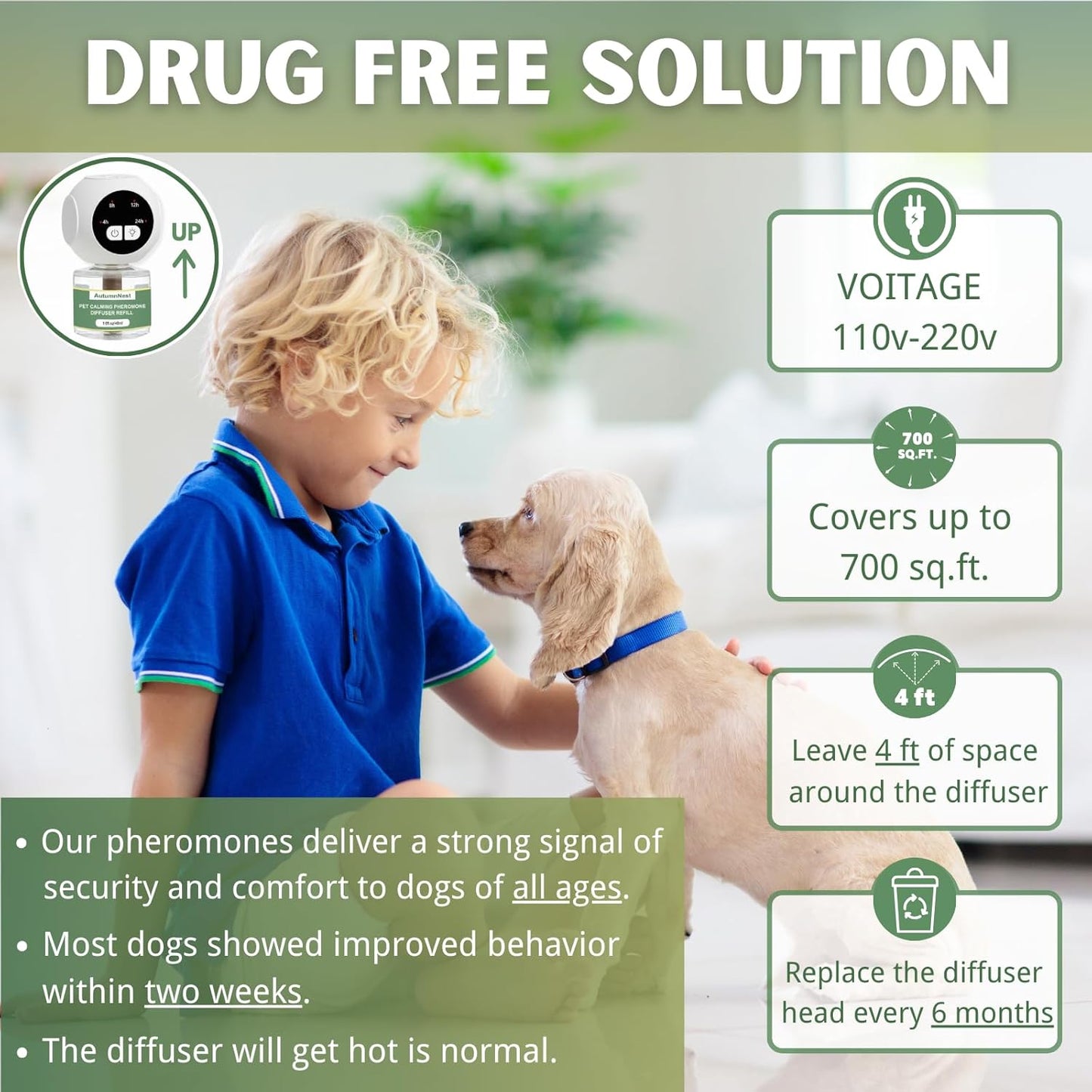 Dog Calming Pheromone Diffuser Kit with Timer – 2 Plug-Ins + 4 Refills – Smart 4-Level Timing Calming Aid – Stress Relief for Dogs – Help with Anxiety, Barking, Fighting, Thunder, Travel, Vet Visits