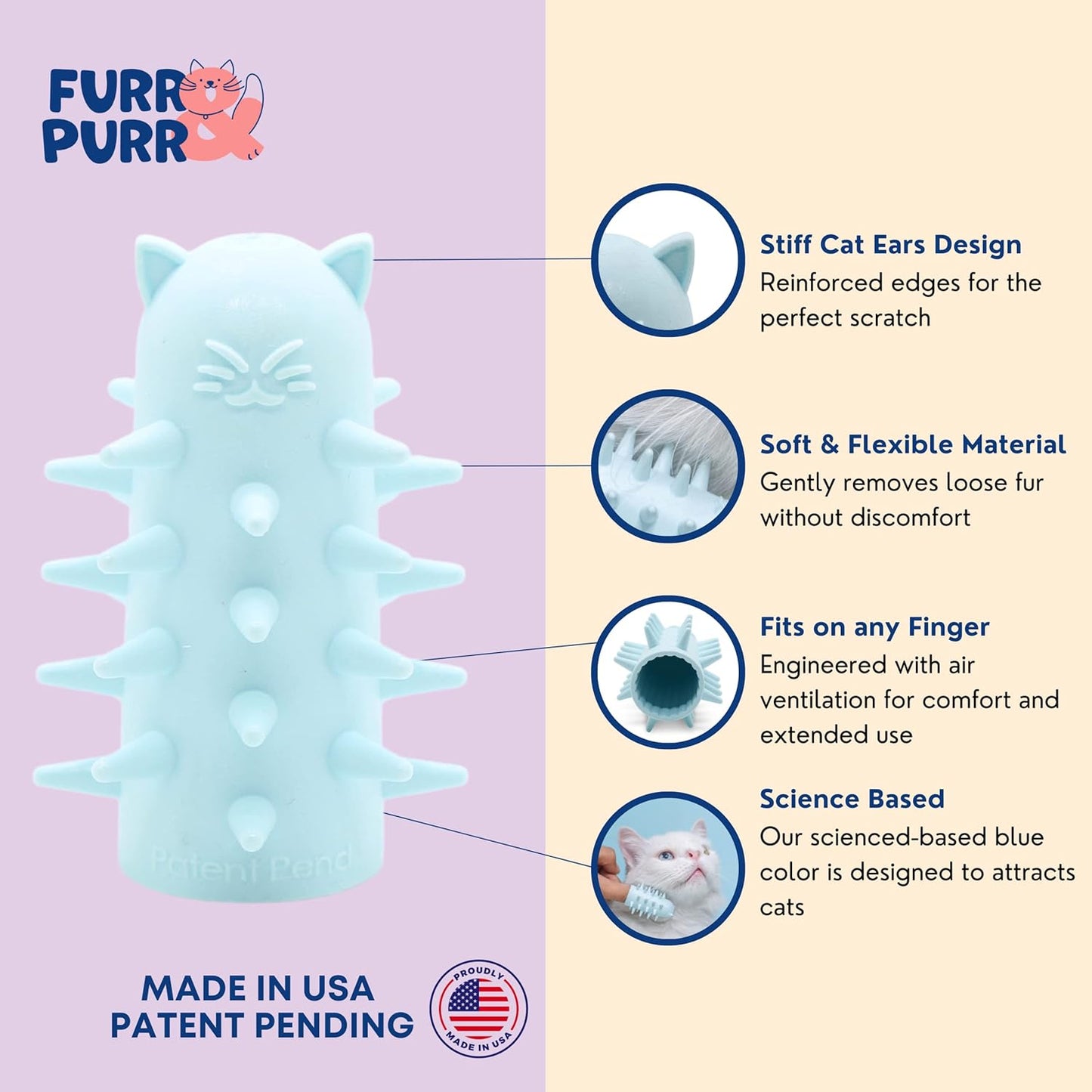 Furr&Purr Cat Brush, Made in the USA, Face Massager, Face Scratcher, Calming Care Comb for Cats, Indoor Cats (1-Pack)