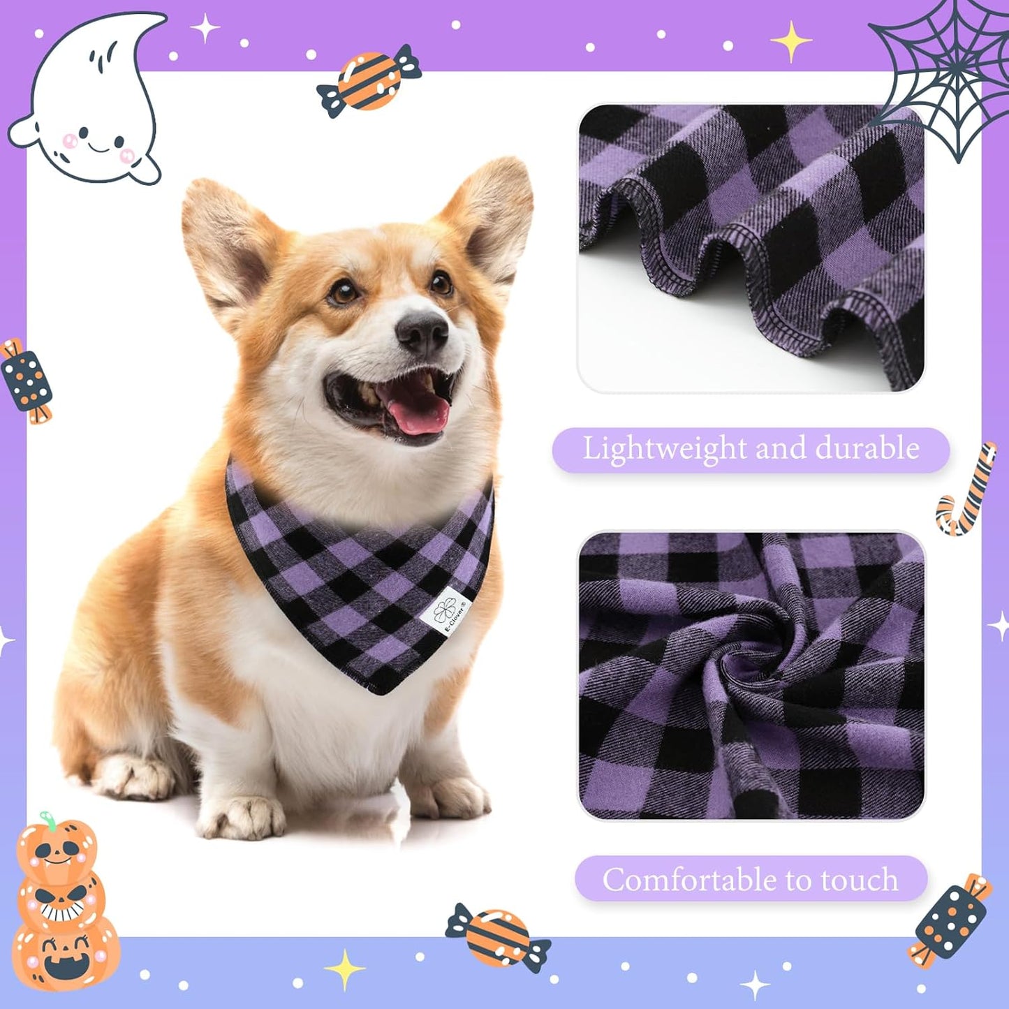 E-Clover Halloween Dog Bandanas & Matching Scrunchie-Plaid Dog Bandana Girl Boy Pet Scarf Kerchief for Medium Large Dogs Puppy Owner Mom Gifts Purple