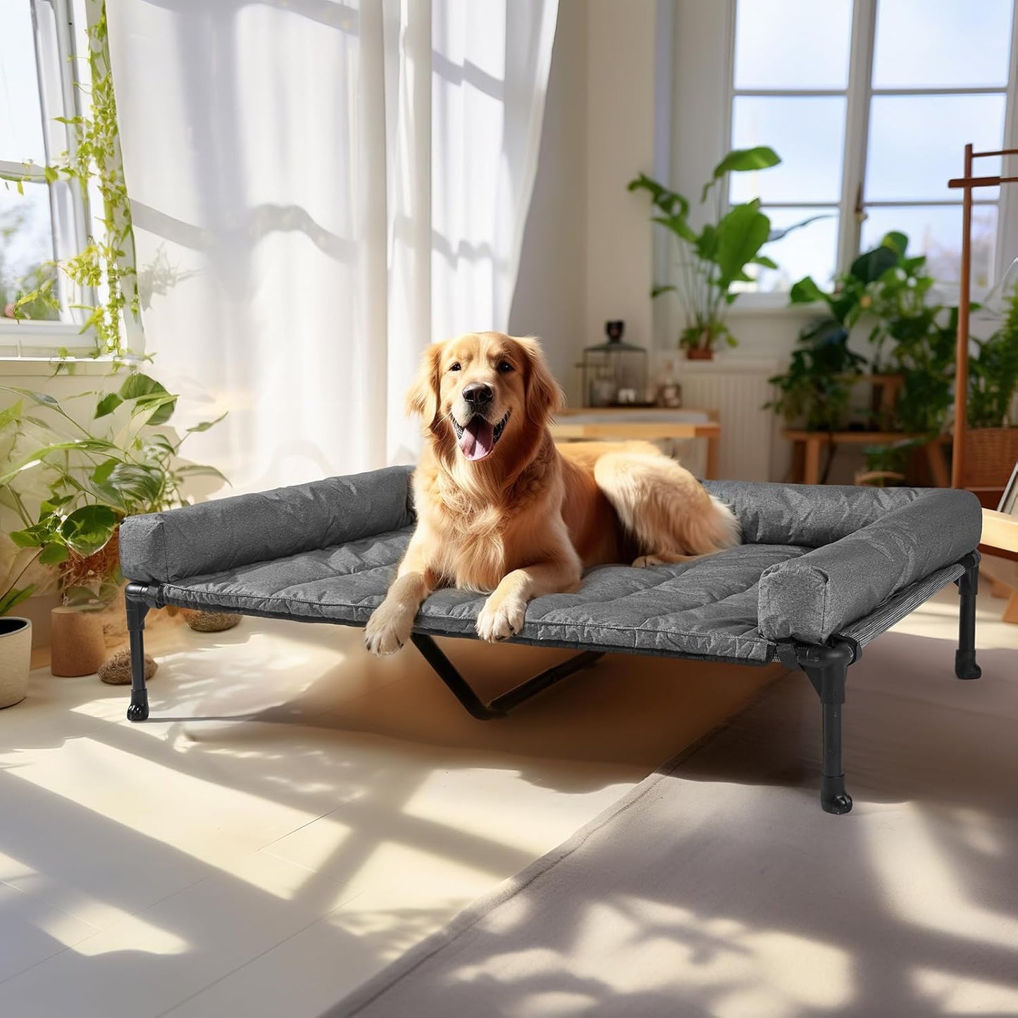 Veehoo Cooling Elevated Dog Bed Add Removable Waterproof Bolster Cushion Mat, Raised Pet Cot with Breathable Teslin Mesh, No-Slip Feet, Dog Sofa Bed for Indoor Outdoor, XLarge, Black Silver