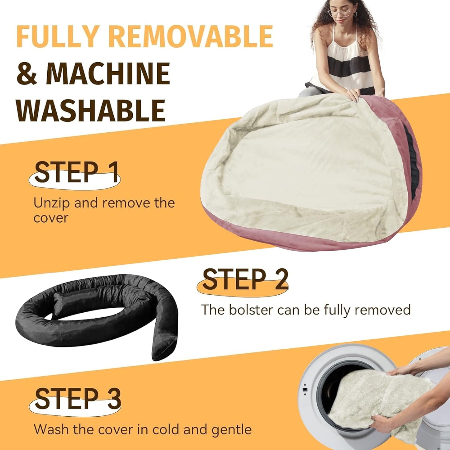 Orthopedic Waterproof Large Dog Bed: Memory Foam Washable Dog Bed with Bolsters - XL Removable Washable Cover for Medium Large Sized Pet - Non-Slip Bottom - Pink