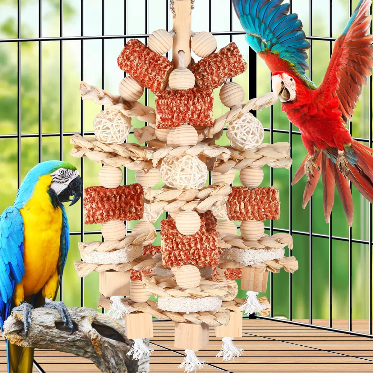 Bird Toys - Natural Corn Cob and Loofah Slices for Large Parrots, Like African Grey, Macaws, Cockatoos and Amazon Parrot - Wooden