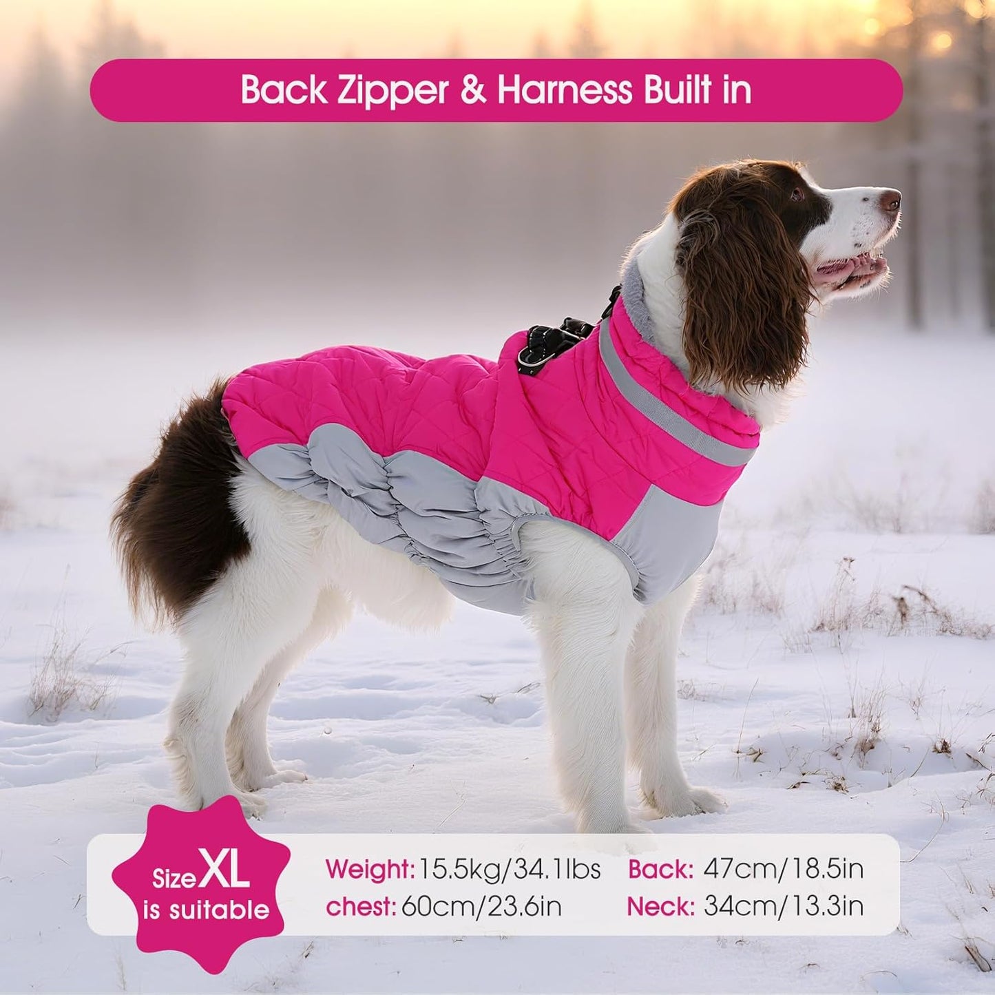 FUAMEY Dog Coat for Large Dogs,Waterproof Dog Winter Jacket with Harness Built in Puppy Cold Weather Coats Reflective Pet Vest with Zipper Warm Fleece Dogs Snowsuit Windproof Pink L