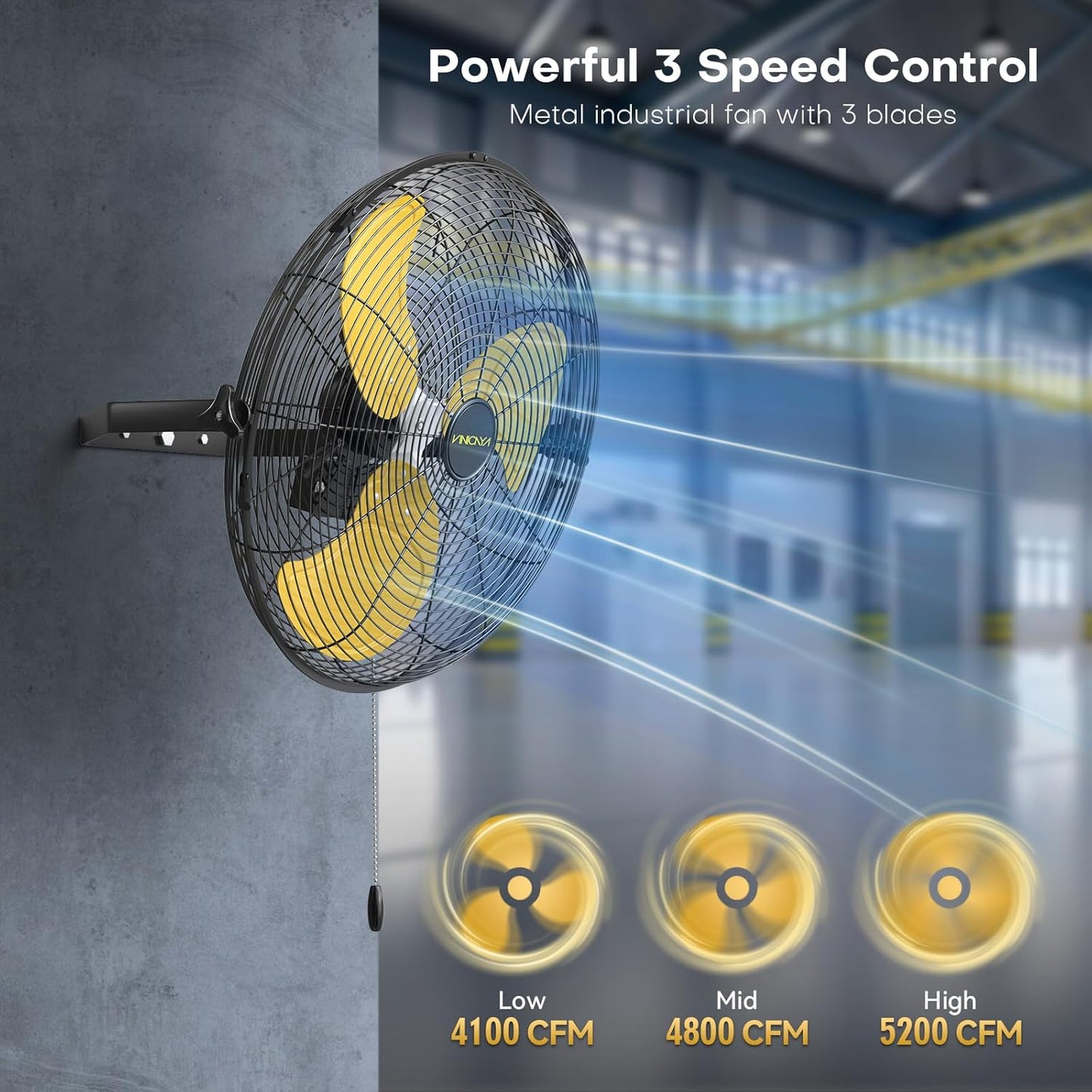 20 Inch Industrial Wall Mount Fan with 2 Pack, 5200 CFM Industrial Metal Wall Fans with Poweful Motor, 3 Speed, Heavy Duty Construction Indoor for Warehouse, Workshops, and Garage, UL Listed