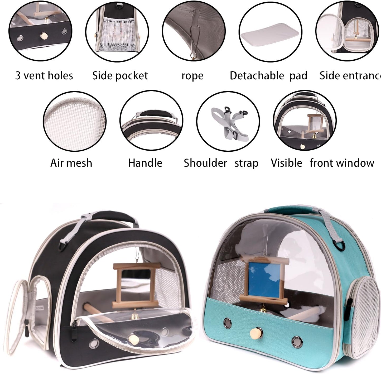 Portable Parrot Travel Cage Carrier with Small Swing Toy&Cage Colorful Toys Set Small Bird Parakeet Bag with Standing Perch Bird Carry Transport Bag (Green, Carrier/Mirror)