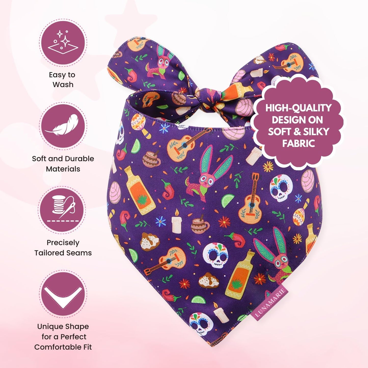 LunaMarie - Luxury Dog Bandanas - Dia De Los Muertos Design | Premium & Silky Poly Fabric | 100% Handmade | Custom Shape Dual Layered Small, Medium, Large Cat Scarf (Day of The Dead, Medium)