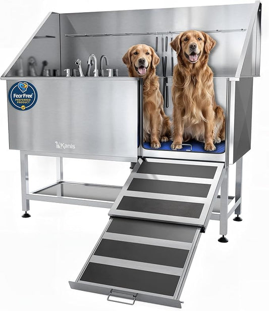 KANIS Professional Dog Washing Station - 304 Stainless Steel Pet Wash Sink & Grooming Bath Tub for Home with Ramp, Shower, Floor Grate, Storage Shelf, Faucet, Drain Kit for Large, Medium & Small Pets