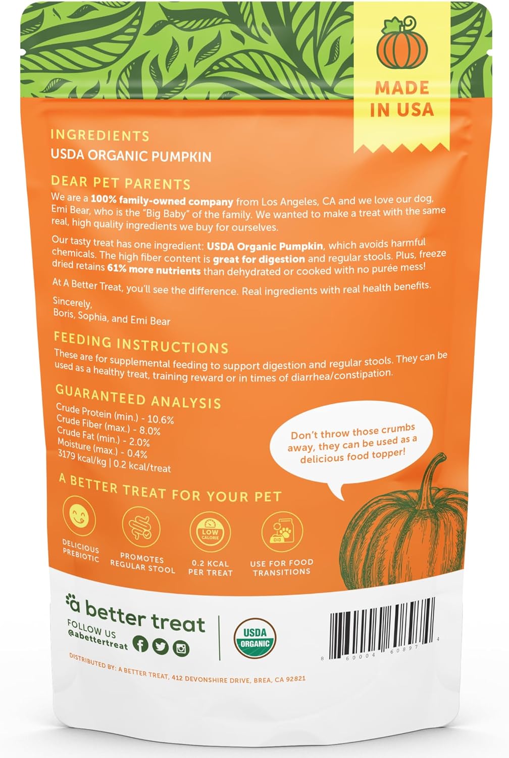 A Better Treat – Freeze Dried Organic Pumpkin Dog and Cat Treats, Organic, Single Ingredient | Natural, Healthy, Diabetic Friendly | Made in The USA