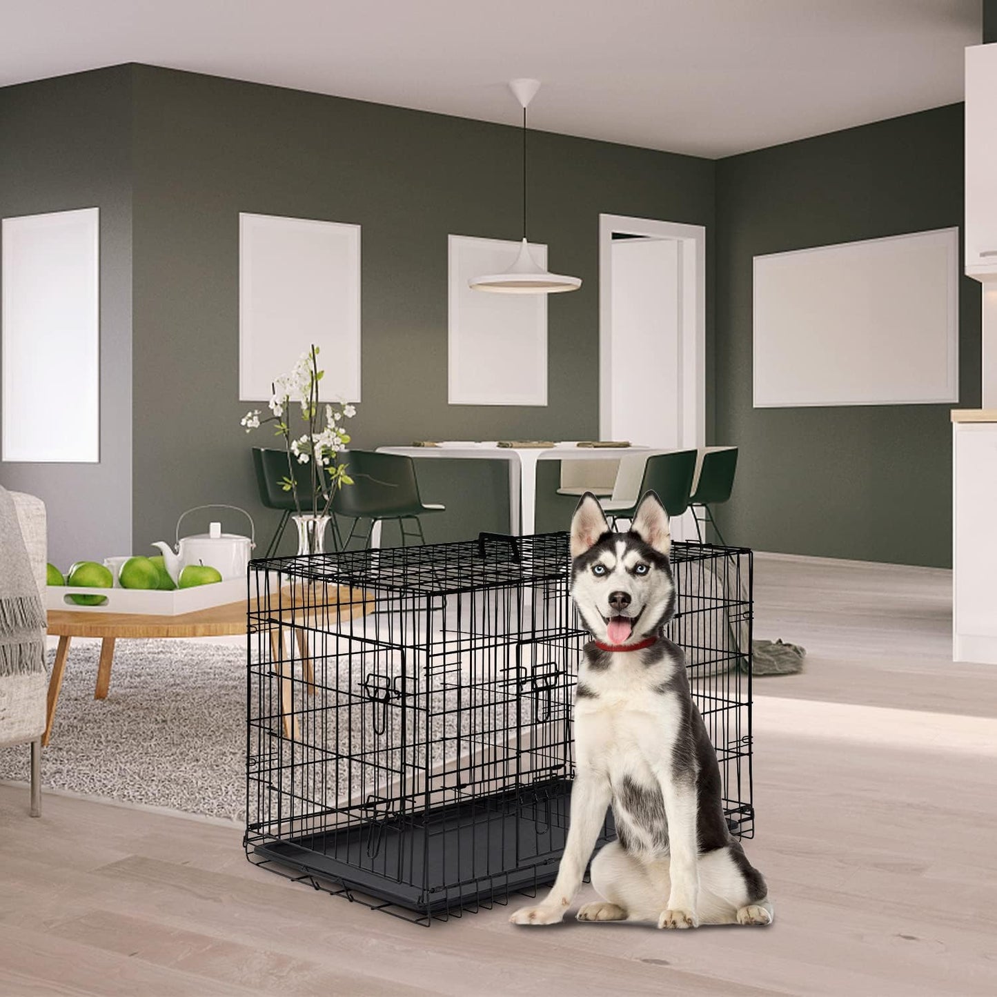 FDW Dog Crate for Large Dogs 42 Inch Folding Metal WirePet Cage Double Door W/Divider Panel Indoor Outdoor Kennel Leak-Proof Plastic Tray,Black