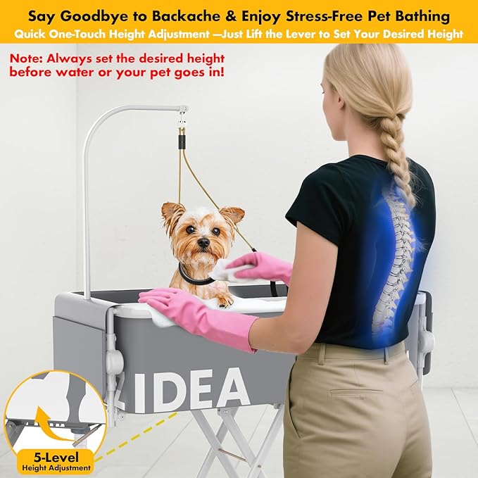 PAWZIDEA 2-in-1 Portable Dog Bathtub & Grooming Table, 33" Foldable Pet Washing Station for Small Medium Dogs Cats, Elevated Tubs for Bathing Shower Indoor Outdoor, 5 Height Adjustable, Storage Pocket