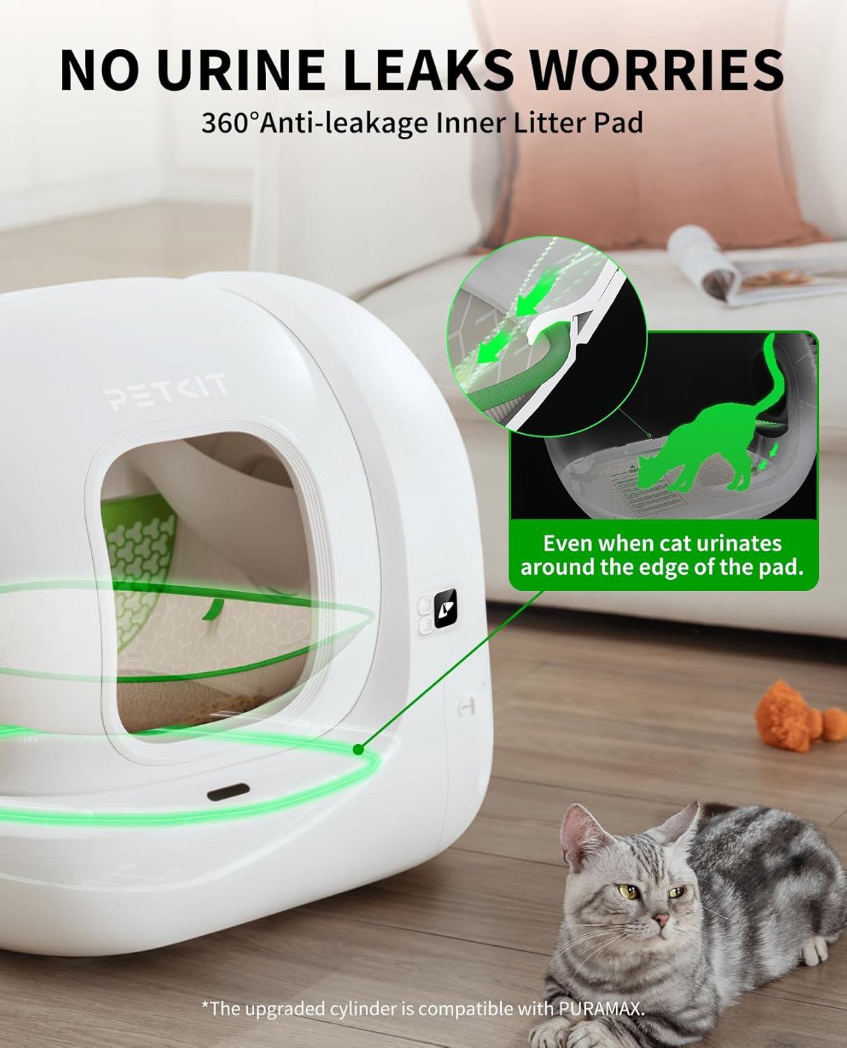 PETKIT PuraMax 2 Automatic Self Cleaning Litter Box, Anti-Leakage Multi-Cat Compatible Smart Cats Litter Box, Safety Sensors App Control Include Triple Odor Removal Litter Mat Trash Bags