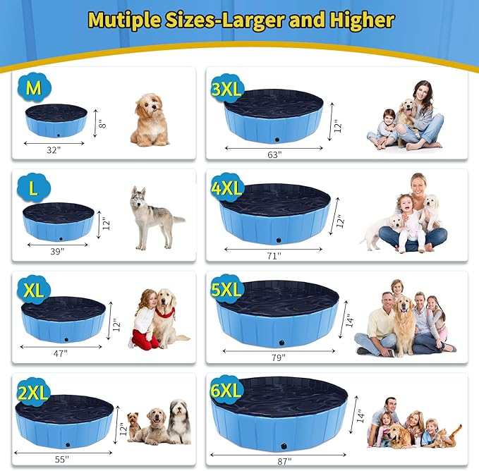 Foldable Dog Pool, 87" x 14" Large Kiddie Pool with Hard Plastic, Non-Slip Dog Bath Tub for Outdoor Backyard, Collapsible Dog Swimming Pool for Kids Dogs Pets (Blue)