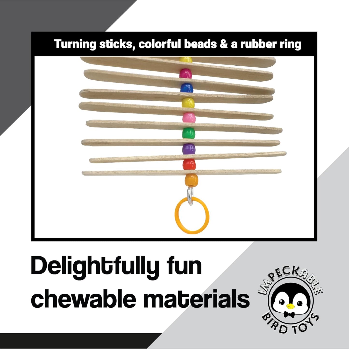 858 Mini Long Stick Toy - Handcrafted with Wooden Slats, Plastic Beads and Rubber Ring, Sticks Turn Around as Pets Play, Great for Budgies, Lovebirds, Parrotlets and Other Small Birds