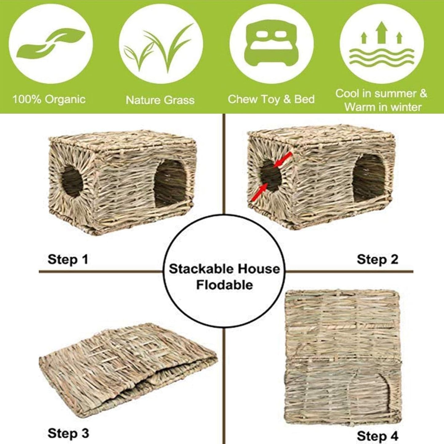 kathson 2 Pcs Large Rabbit Grass House Natural Foldable Hand Woven Seagrass Bed Carrot Hay Toy Hut Safe Comfortable Playhouse with Bunny Chew Toys for Bunny Hamster Guinea Pig Chinchilla Ferret