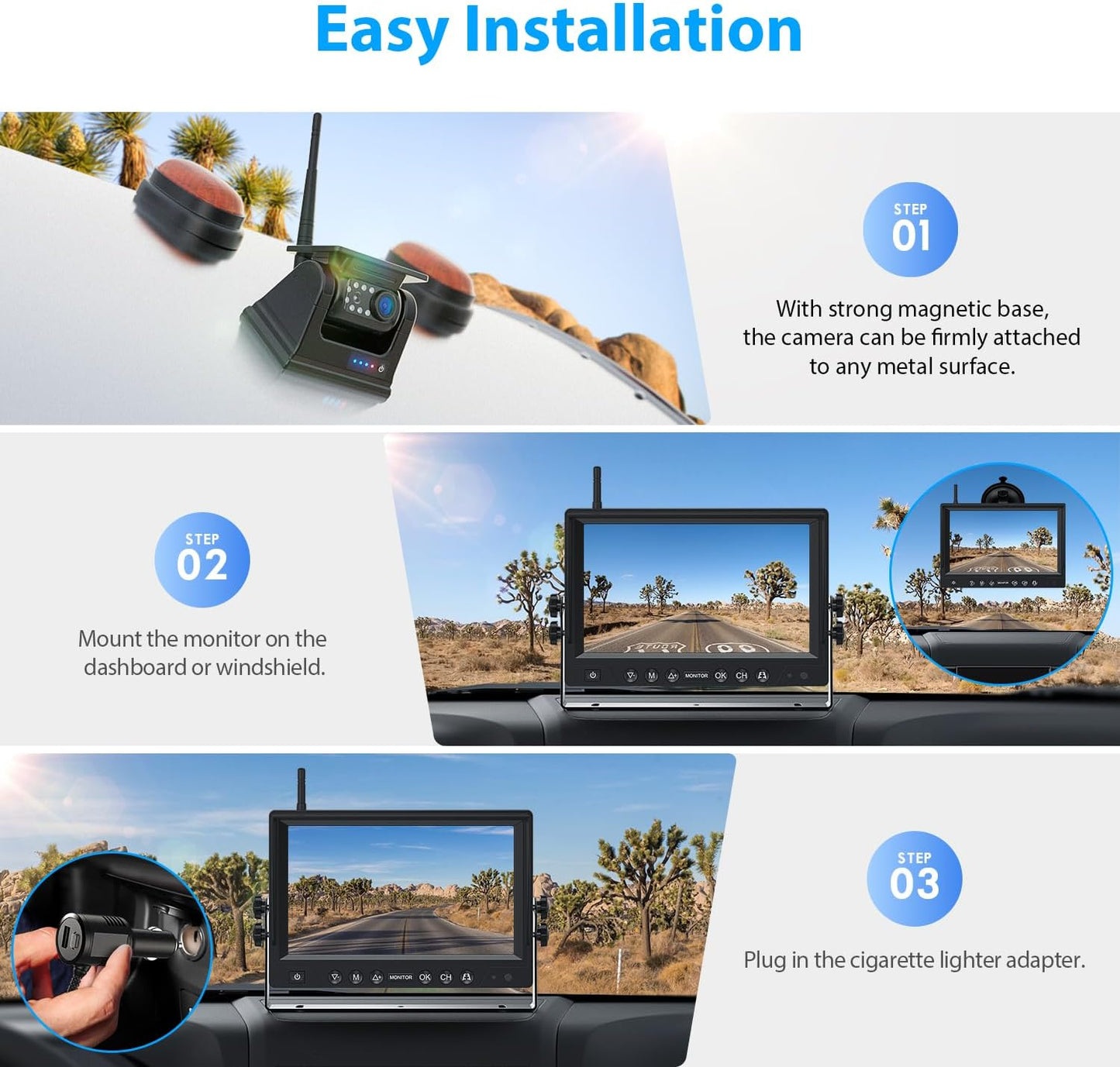 2 Magnetic Solar Wireless Backup Camera HD 1080P 9" DVR Monitor, Solar Rechargeable RV Backup Cameras Wireless System for Hitching Gooseneck Horse Trailer Fifth Wheels RVs Trucks BL902