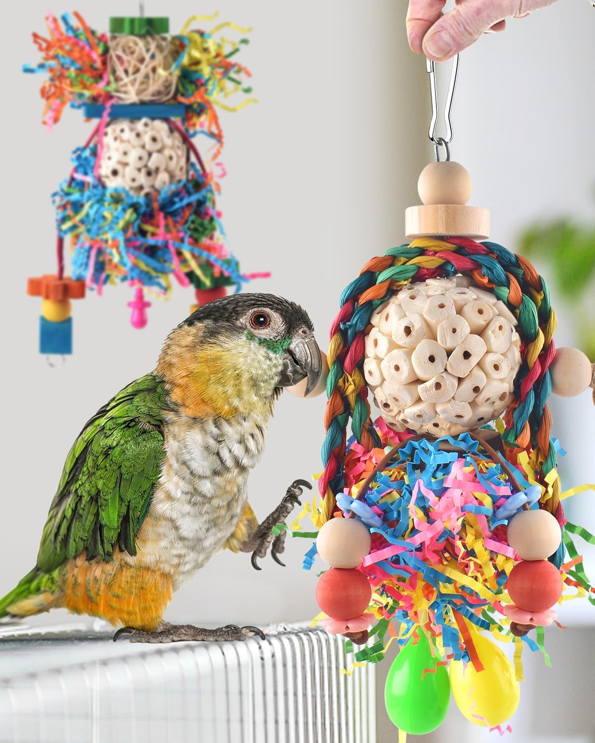 Bissap Conure Toys, 3 PCS Parrot Foraging Shredder Hanging Toys Sola Balls with Sand Hammer Perch Swing Climbing for Small Parrots Parakeets Conures Cockatiels Love Birds Cage Toy