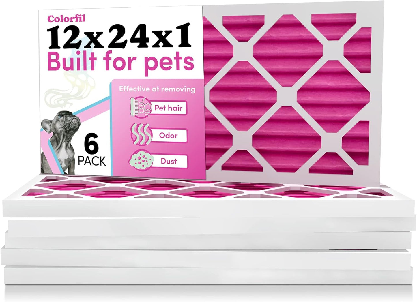 Colorfil 12x24x1 Air Filter (6-Pack) | Made in the USA | Color Changing | Remove Cat and Dog Odor | MERV 8 for Pet Hair Dander and Dust | 11.5"x23.5"x0.75" Exact Size