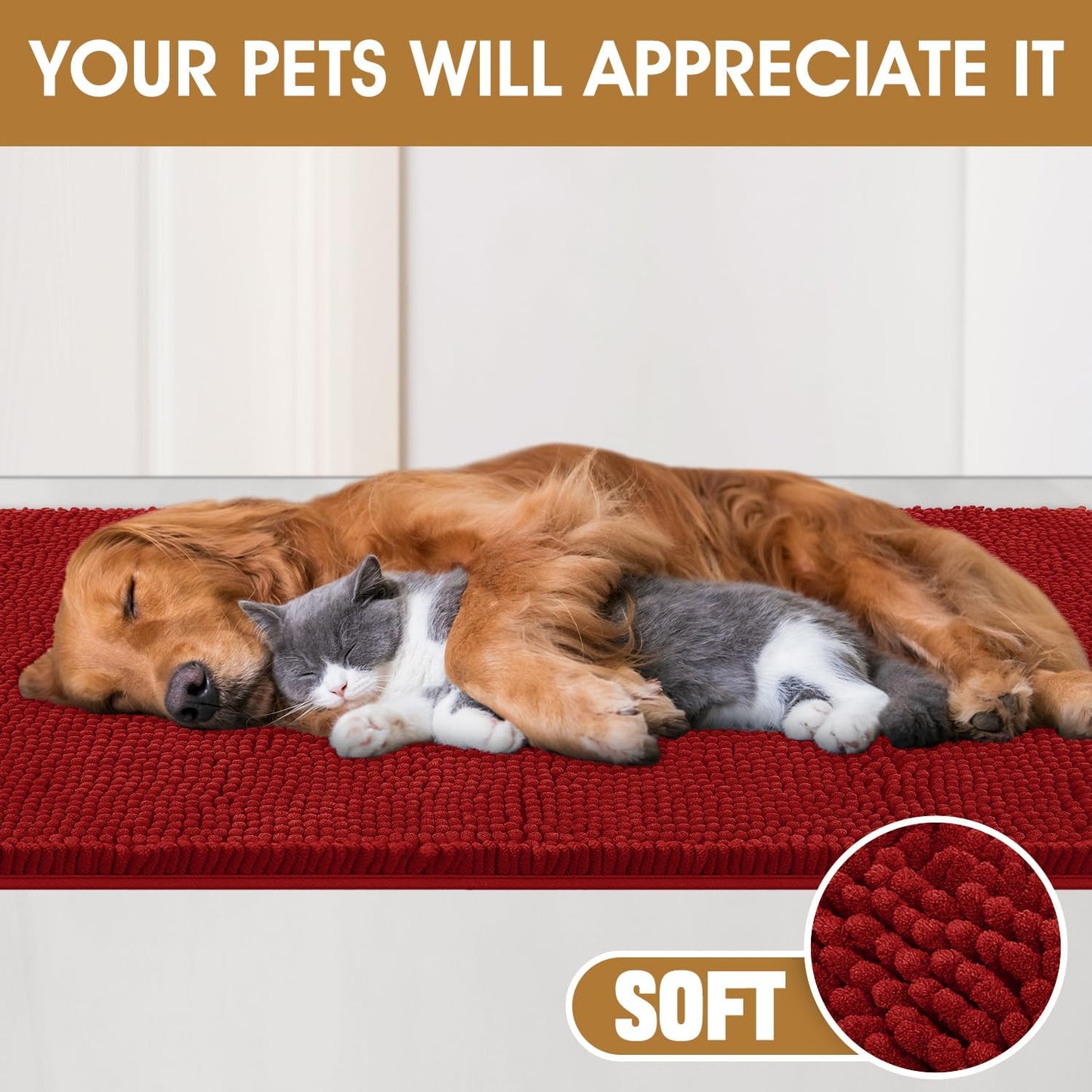 Dog Door Mats for Muddy Paws, Chenille Absorbent Door Mats, Non Slip Heavy Mud Mat for Dogs, Soft Indoor Door Mat for Entryway, Mud Paws, Inside Floor,36" X 24", Red