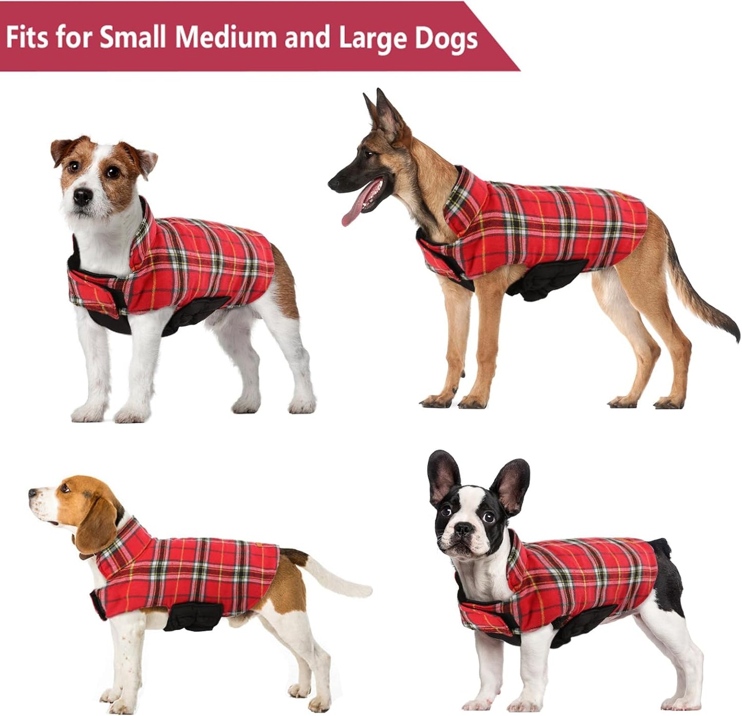 Kuoser Waterproof Dog Coat, Reversible Dog Jacket for Large Dogs, Adjustable Durable Doggie Winter Coat for Groowing Puppies Warm Puppy Cold Weather Apparel, Bright Red L