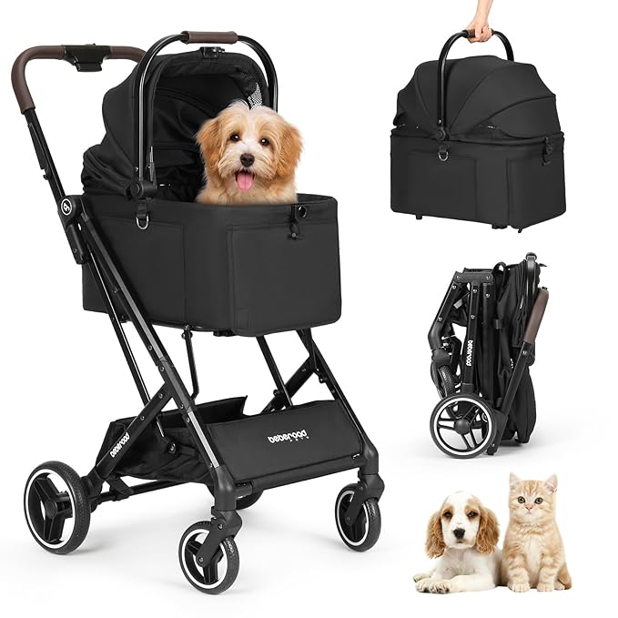 X2 Pet Stroller, Dog Cat Stroller for Small Pets Under 44lbs, Equipped with Detachable & Foldable Carrier, Waterproof Pad & Sunshade Canopy,Camel (Black)