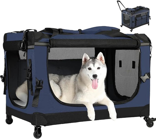 30IN Soft Collapsible Dog Crate w Detachable Wheels, Rolling Travel Dog Crate for Medium Breed Dogs, Portable Dog Kennel with Mesh Windows, Indoor & Outdoor Uses