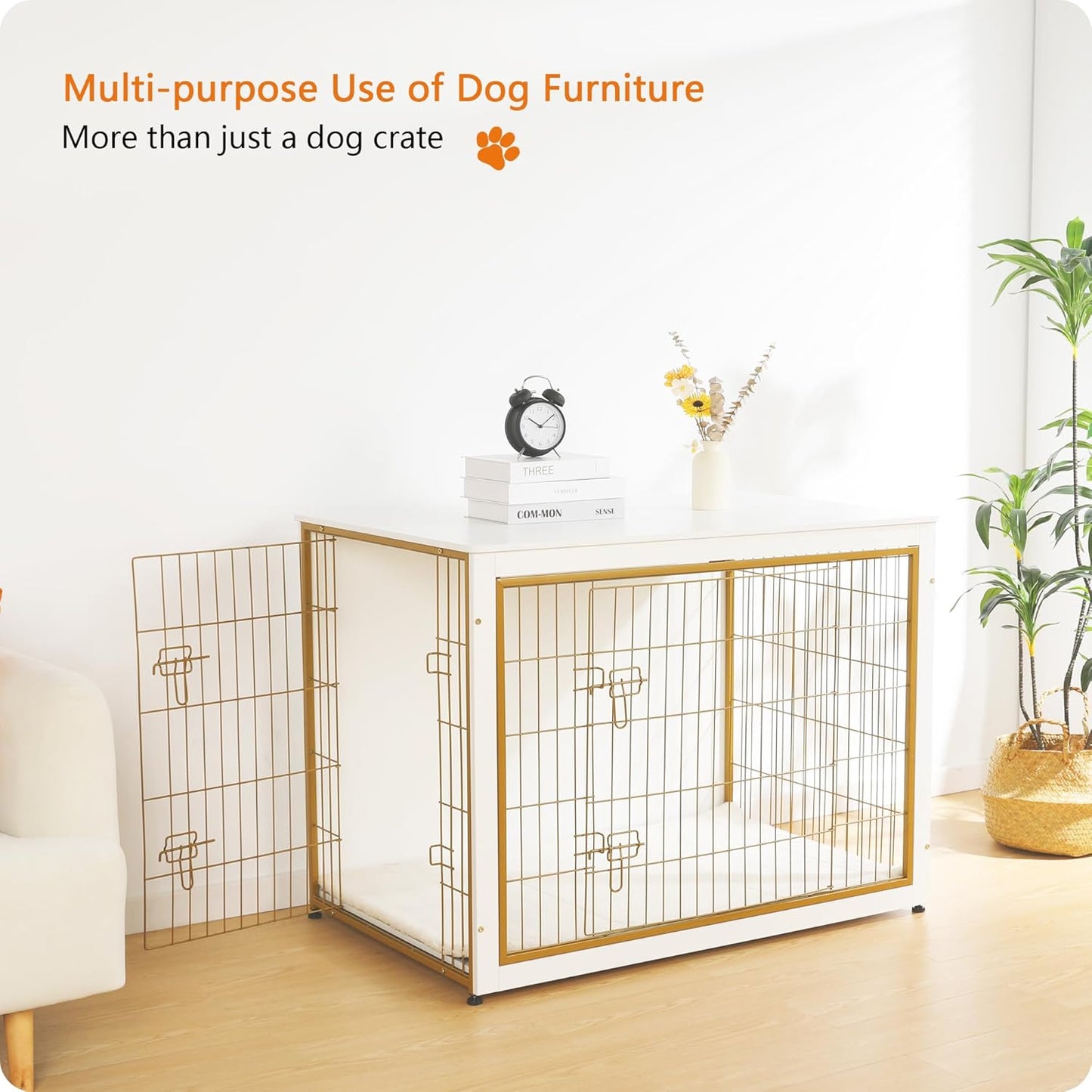 DWANTON Dog Crate Furniture with Cushion, Wooden Kennel Table with Double Doors, Indoor Dog House, Extra Large Size, 43.3" L, White+Gold