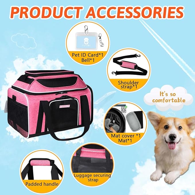 Petskd Top-Expandable Pet Carrier 18x11x11 Inches Delta American United Airline Approved, Soft-Sided Carrier for Small Cats and Dogs with Locking Safety Zippers and Anti-Scratch Mesh(Pink)