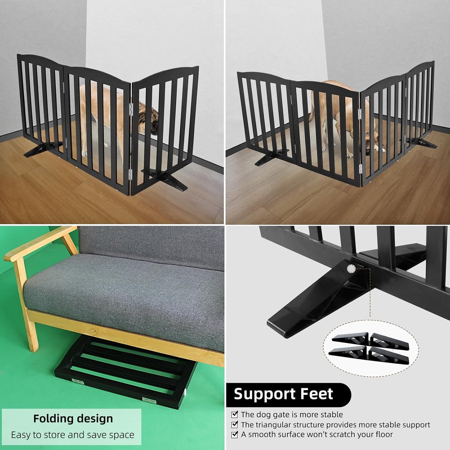 ZJSF Foldable Freestanding Indoor Dog Gate for House Wood Long Pet Gates Dog Fence for Stairs Puppy Gates for Hallways, Puppy Gate,Support Feet Included, Black, 24 "Height-3 Panels