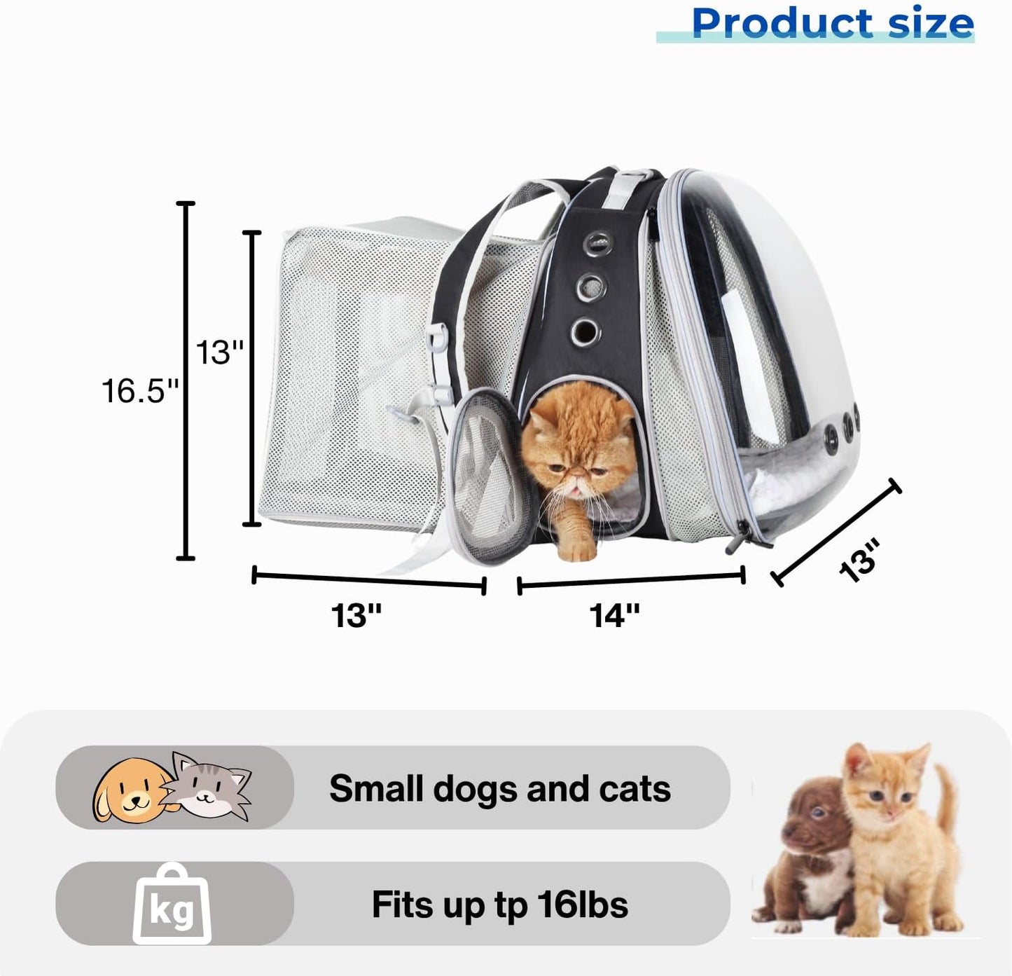 Lollimeow Cat Carrier Backpack, Bubble Dual Expandable Backpack Carrier, Pets and Small Dogs,Airline-Approved, Designed for Travel, Hiking, Walking & Outdoor Use (Dual Expandable-Black)