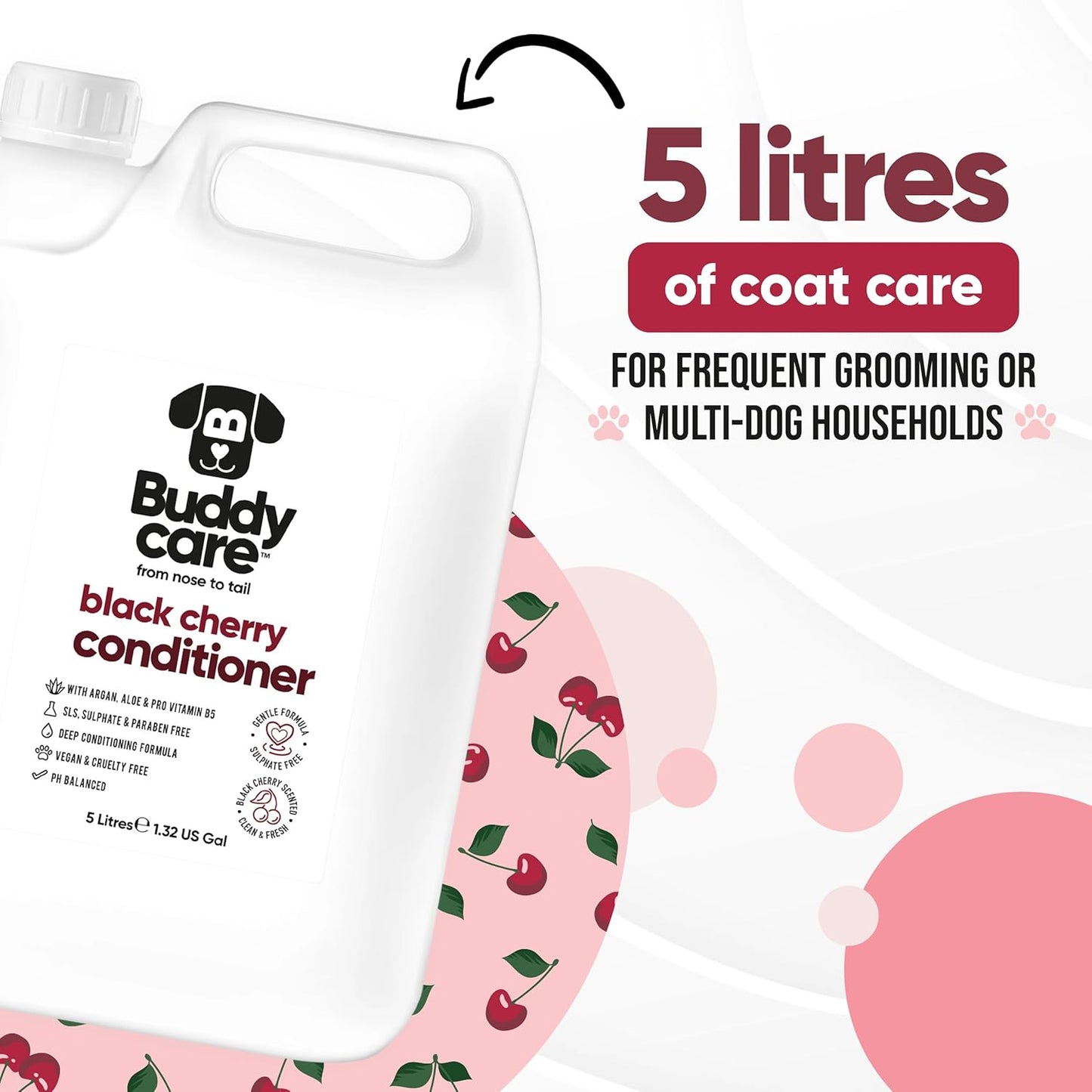 Black Cherry Dog Conditioner (169.07oz) Made with Aloe Vera, Argan Oil & Pro Vitamin B5 | Detangle Matted Coats & Relieve Sensitive & Itchy Skin, Suitable for Puppies from 8 Weeks, Vegan